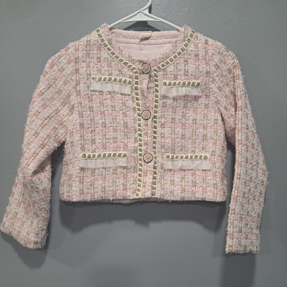 Pink Tweed Girls Jacket Gold Trim Pearl Buttons Korean Fashion Coquette Preppy